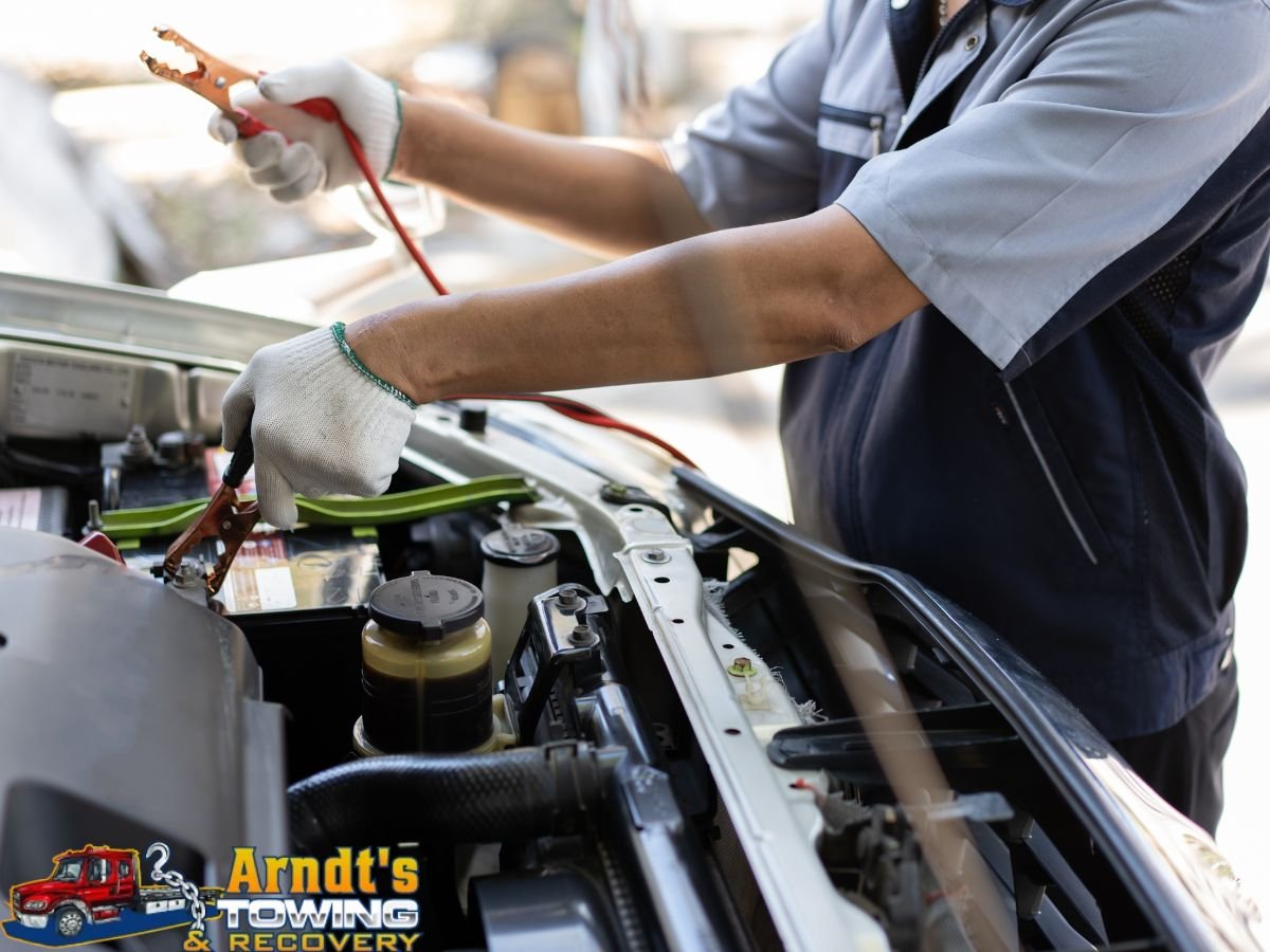 Arndt's Towing And Recovery technician jump starting a dead car battery in Paw Paw MI 49079