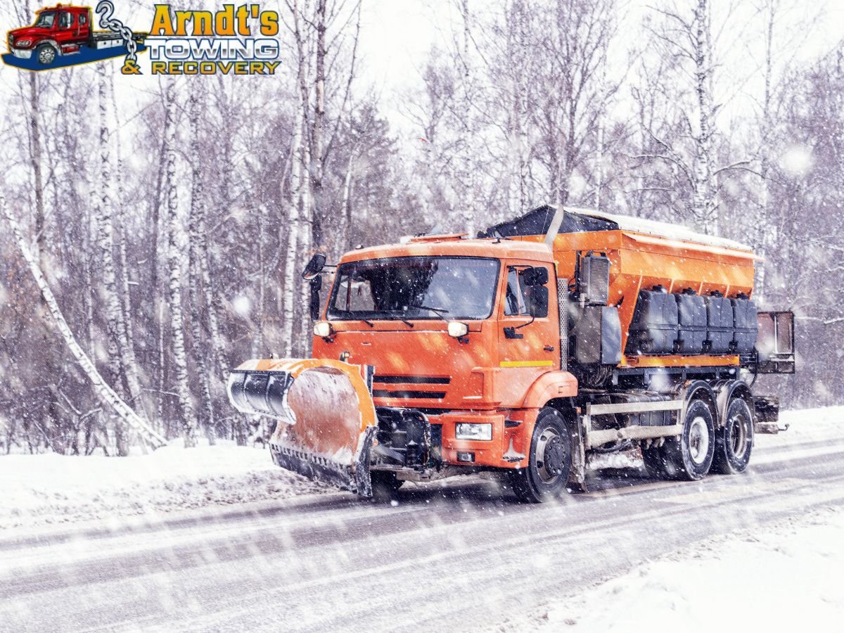 Professional vehicle recovery service on icy county road near Paw Paw MI Southwest Michigan winter conditions
